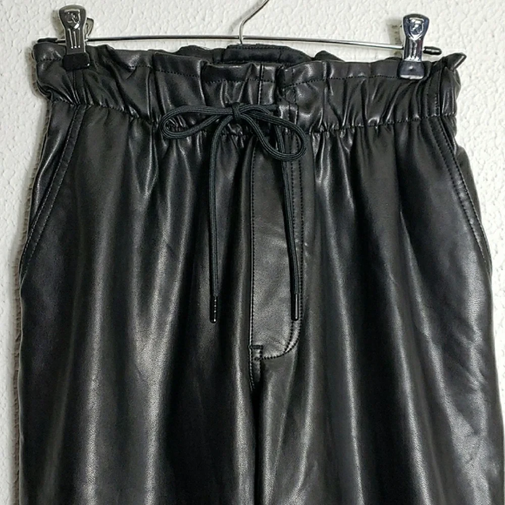 Abercrombie & Fitch Black Faux Leather Paperbag Pants Tie Waist Straight Leg S - Picture 3 of 13